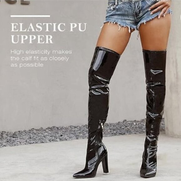 NEW WSKEISP HEELED OVER THE KNEE BOOTS PATENT LEATHER PU CHUNKY BLOCK HEEL (Flaw - Picture 2 of 16